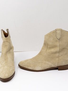 Sezane Billie Low Ankle Genuine Suede Western Booties Shoes Neutral 8